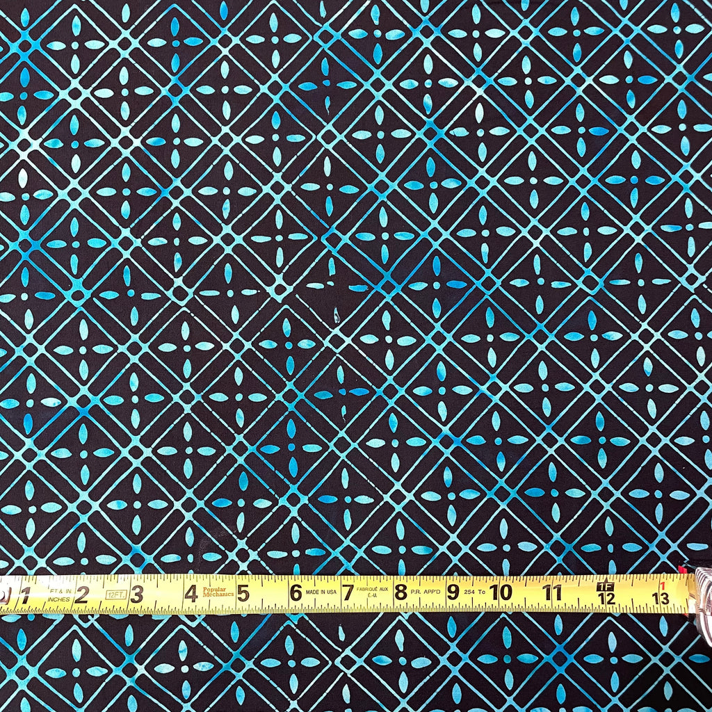 Geometric Grid - Turquoise on Black Batik ($10/yd)